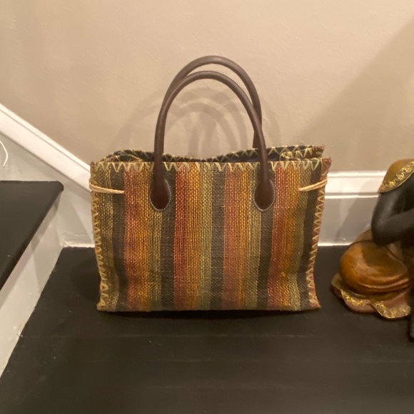 Large straw bag with leather straps navy Blue cloth lining size 22:22 - Picture 5 of 11